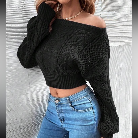 Luxe Sheer Crochet Knit Drop Shoulder Cropped Sweater Top Black - Picture 4 of 16